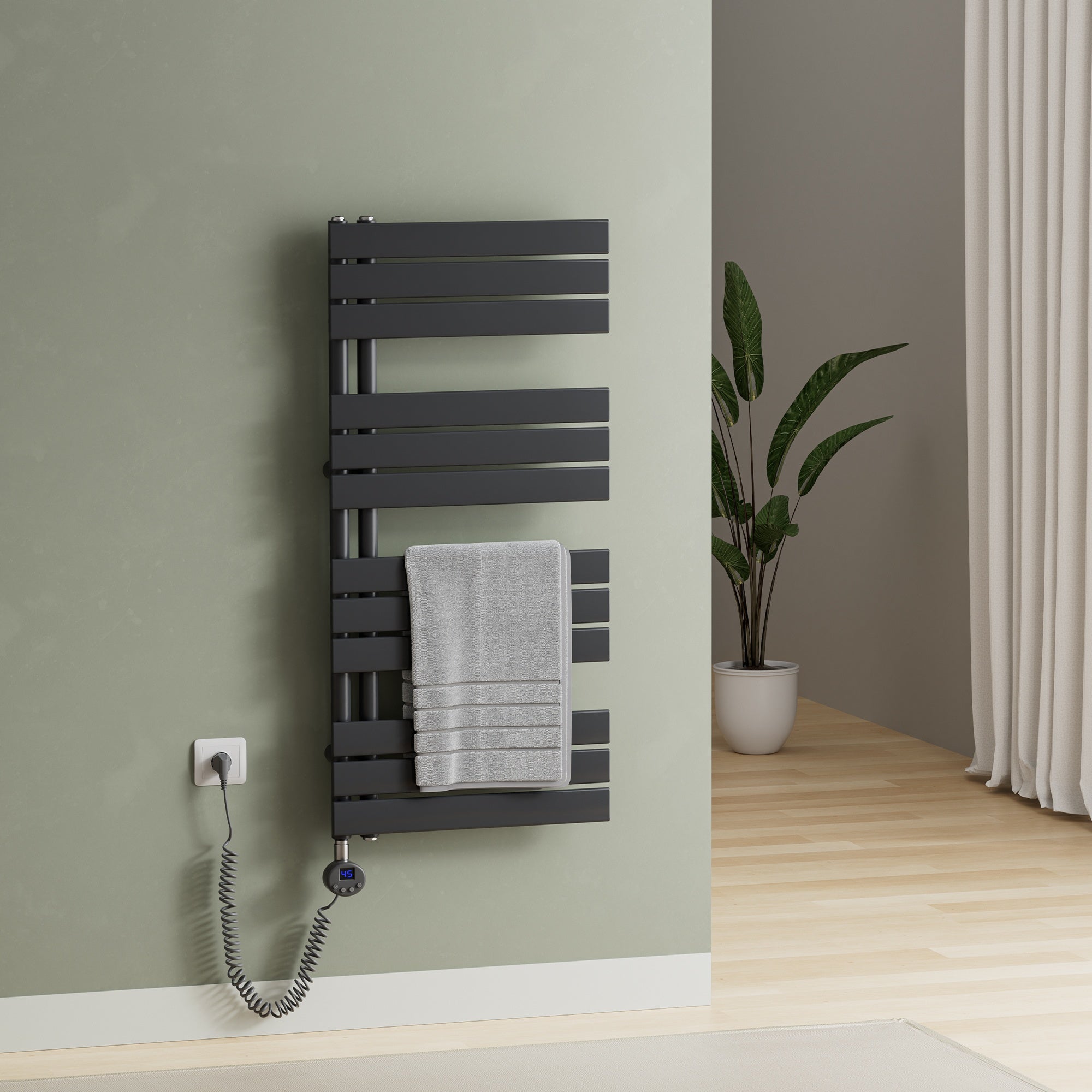Elektrischer Handtuchheizkörper ESFTR – Flachrohr-Design, einseitig, rein elektrisch, mit Thermostat & Timerfunktion