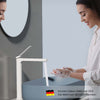 Waschtischarmatur mit abgewinkeltem Griff und wassersparendem Strahl