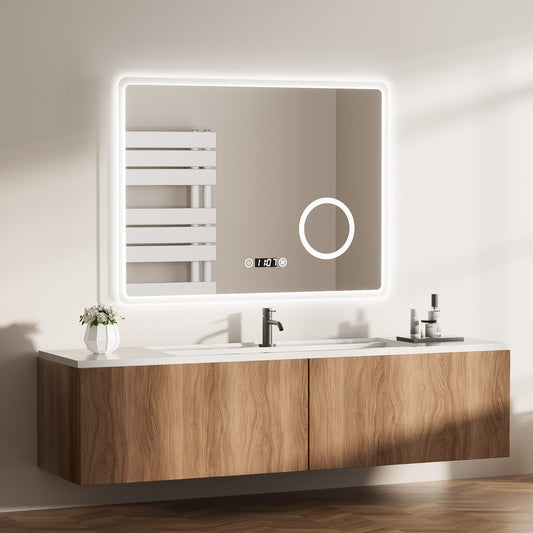 EMKE "LeeMi πX Plus" Badezimmer Spiegel 80 x 60 cm mit Schminkspiegel, Touch-Schalter, Dimmung, Antibeschlag, 3 Farben, Uhr