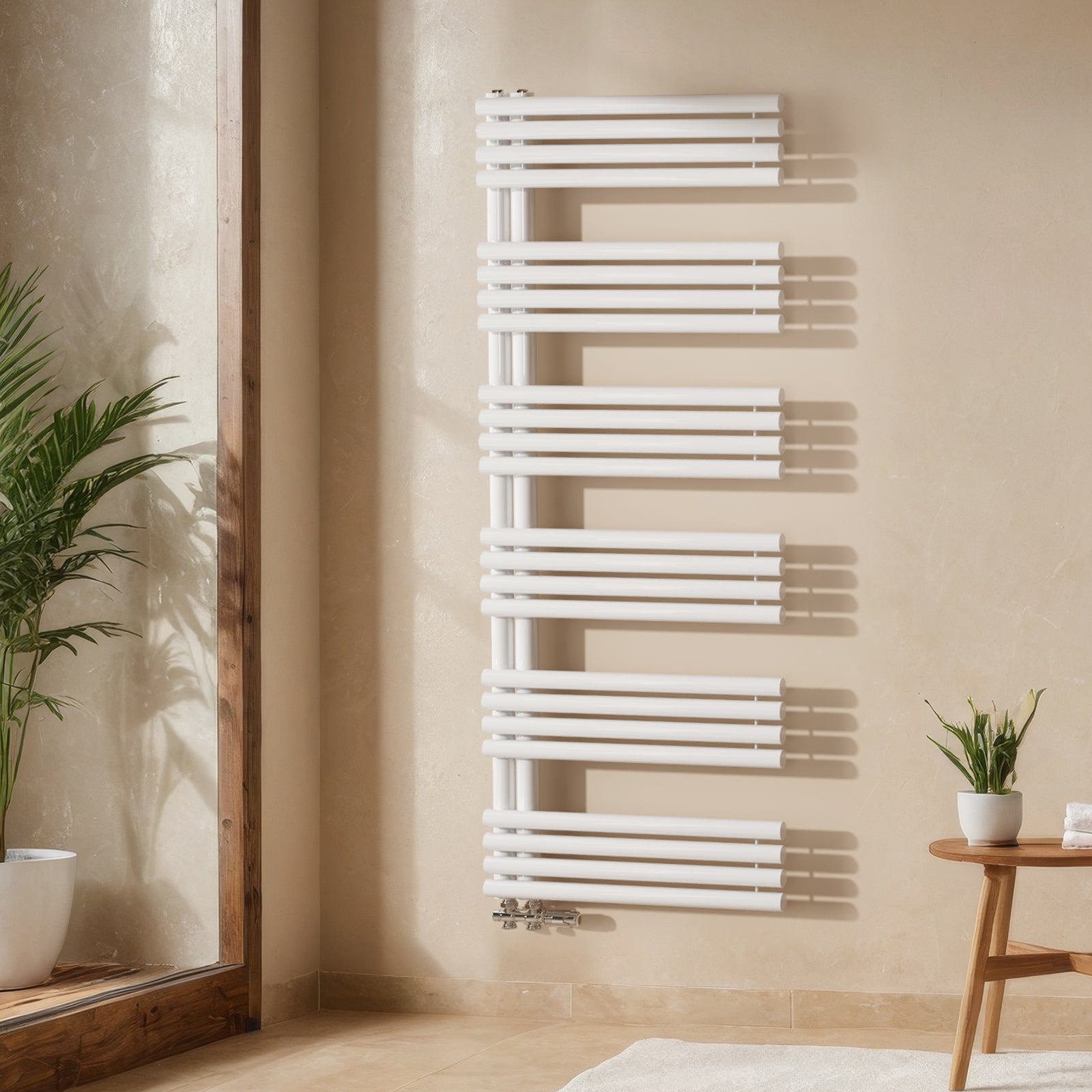 Warmwasser-Handtuchheizkörper aus Stahl, Rundrohr-Design, Seitenanschluss unten, verschiedene Größen