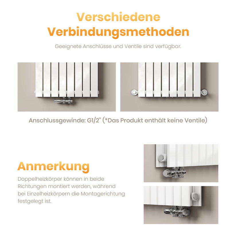 EMKE Flachheizkörper Horizontal Einlagig Seitenanschluss Wohnzimmer (Anthrazit/Weiß) - Weiß / 63x100 / Einlagig - Bild 7