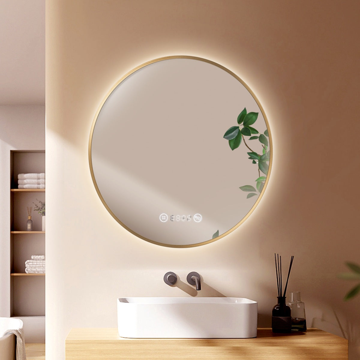 Runder LED-Badezimmerspiegel mit Uhr, Anti-Beschlag & dimmbarem Licht