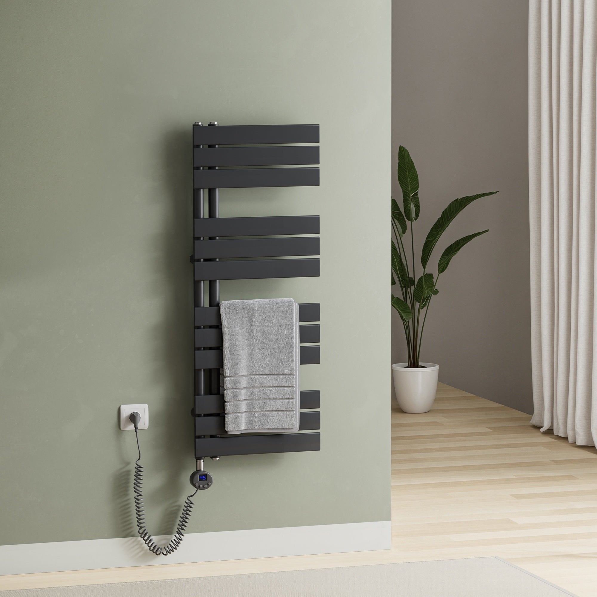 Elektrischer Handtuchheizkörper ESFTR – Flachrohr-Design, einseitig, rein elektrisch, mit Thermostat & Timerfunktion