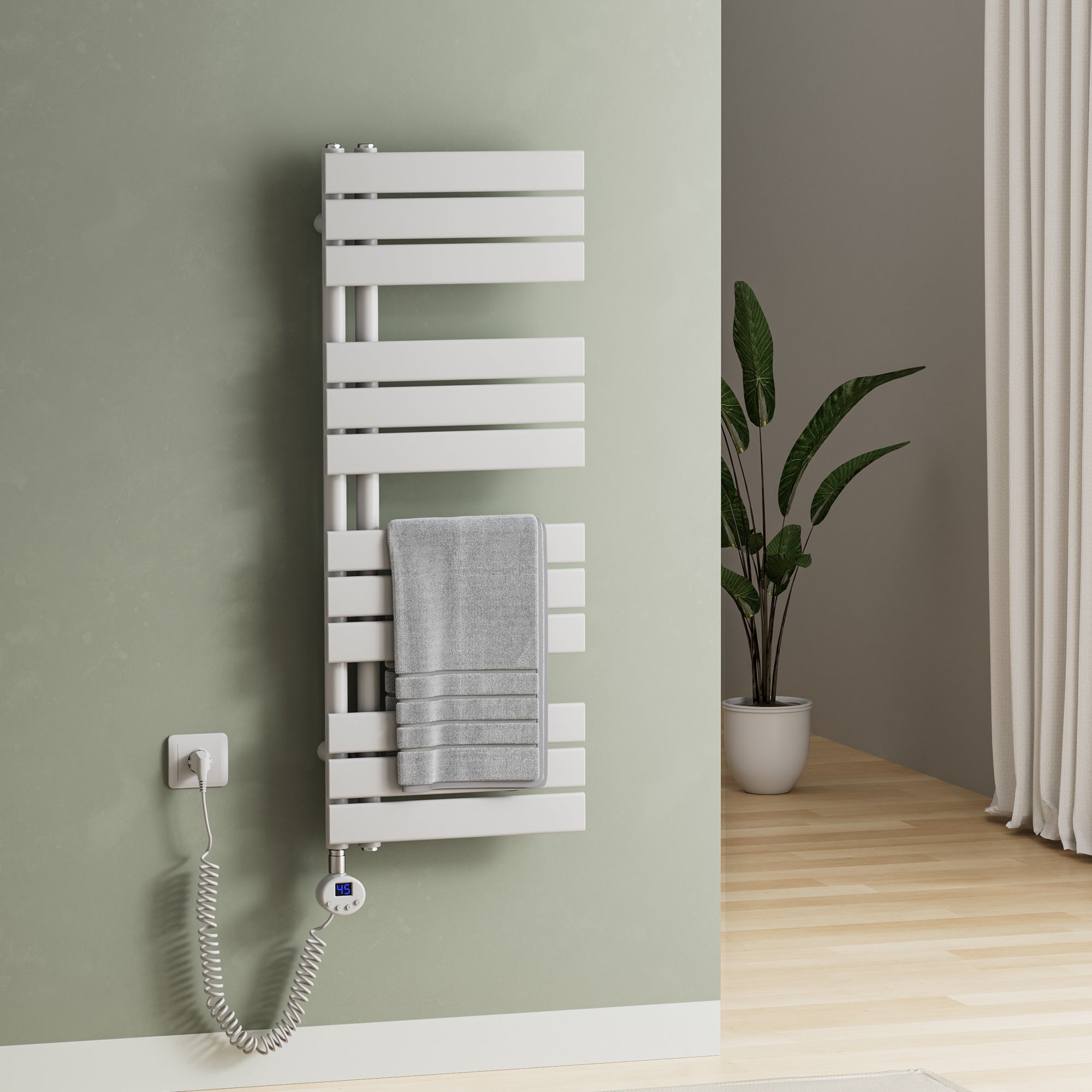 Elektrischer Handtuchheizkörper ESFTR – Flachrohr-Design, einseitig, rein elektrisch, mit Thermostat & Timerfunktion