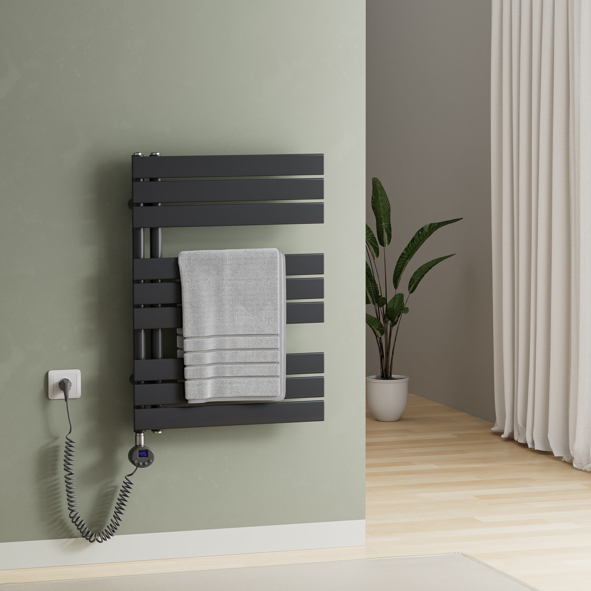 Elektrischer Handtuchheizkörper ESFTR – Flachrohr-Design, einseitig, rein elektrisch, mit Thermostat & Timerfunktion