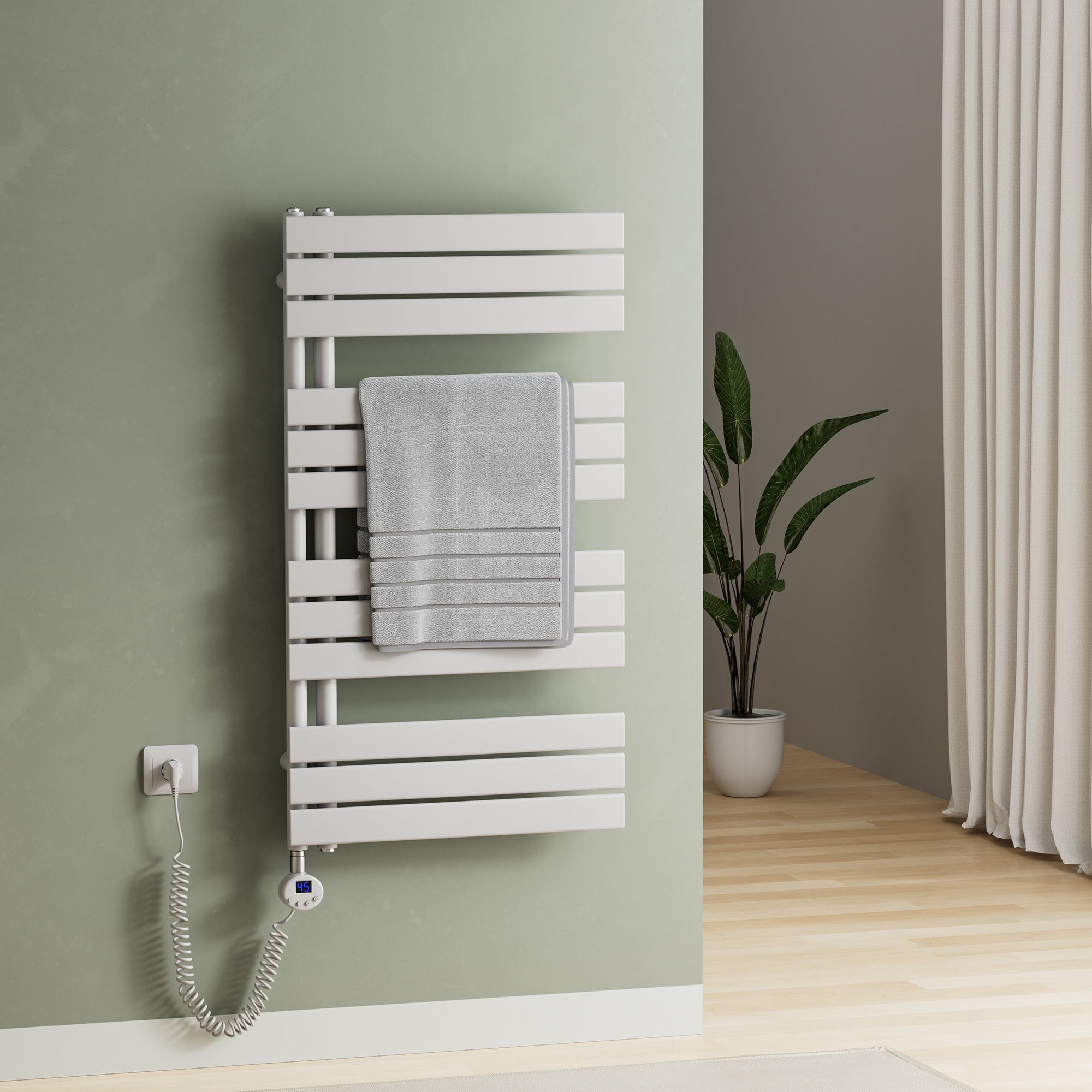 Elektrischer Handtuchheizkörper ESFTR – Flachrohr-Design, einseitig, rein elektrisch, mit Thermostat & Timerfunktion
