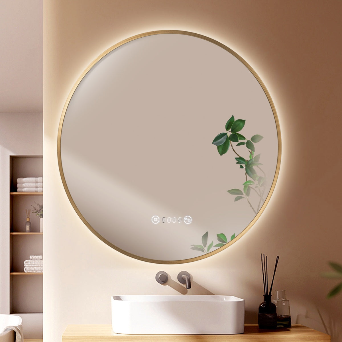 Runder LED-Badezimmerspiegel mit Uhr, Anti-Beschlag & dimmbarem Licht