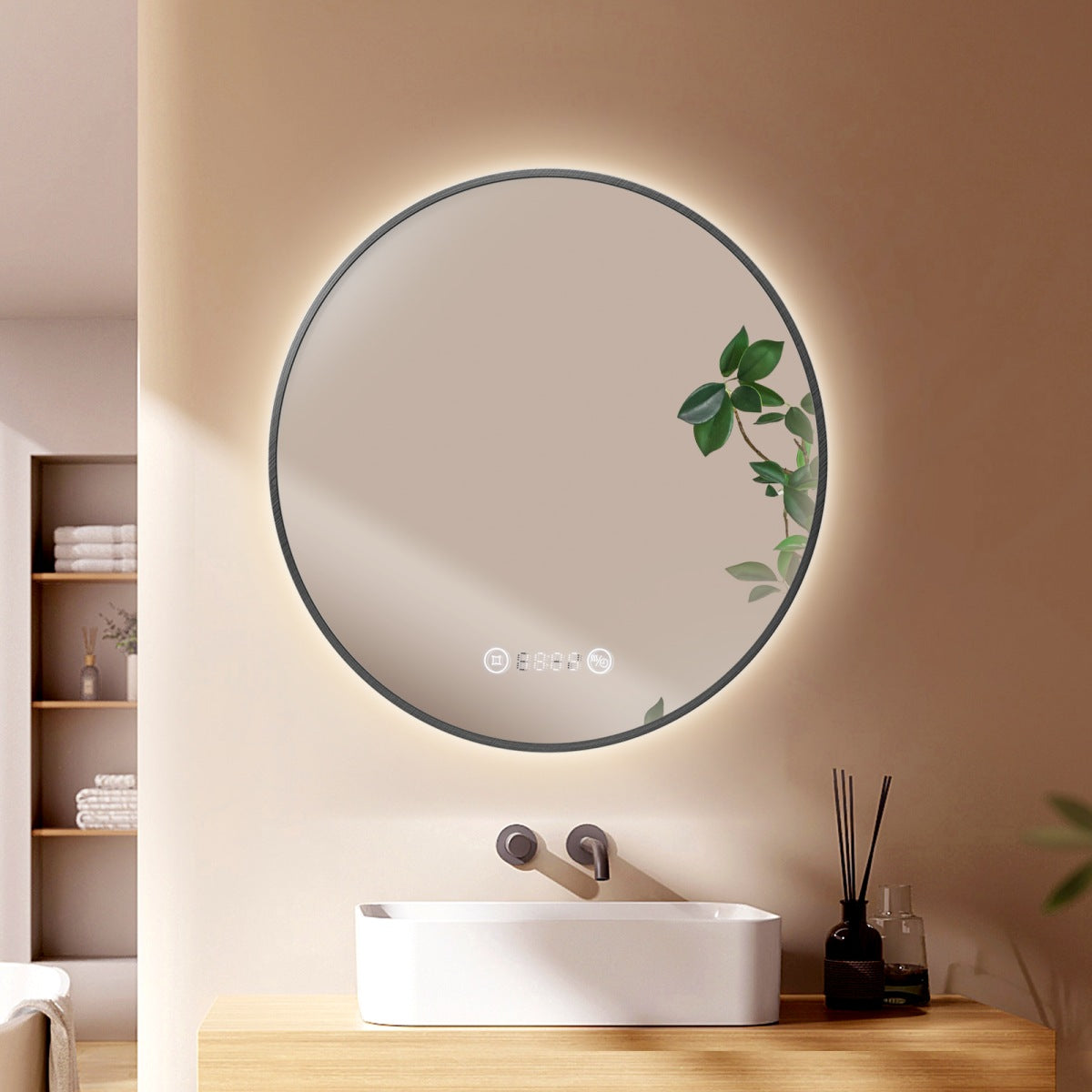 Runder LED-Badezimmerspiegel mit Uhr, Anti-Beschlag & dimmbarem Licht