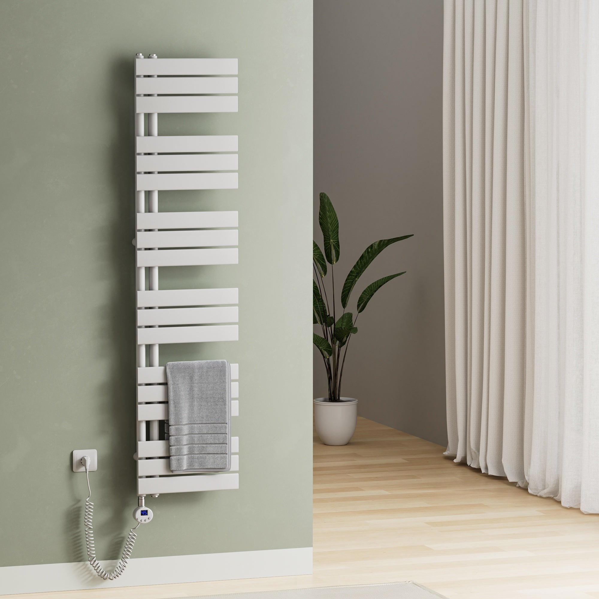 Elektrischer Handtuchheizkörper ESFTR – Flachrohr-Design, einseitig, rein elektrisch, mit Thermostat & Timerfunktion
