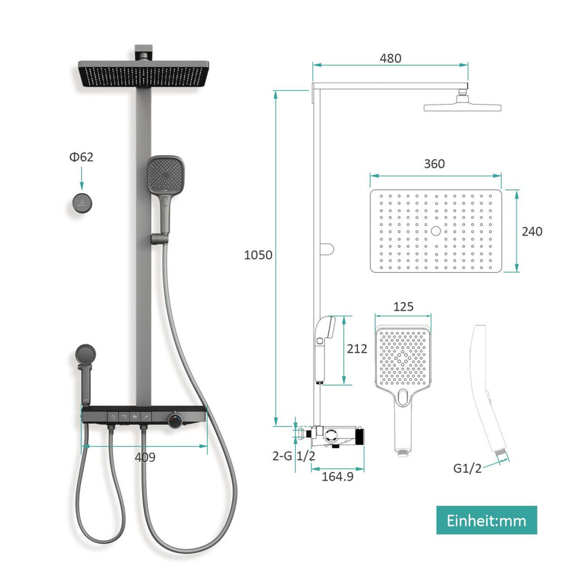 Duschsystem BubbleKids F23 Quadratische Regendusche - Anthrazit - Bild 8