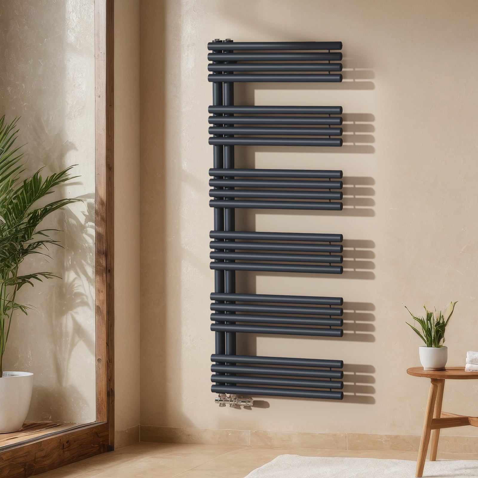 Warmwasser-Handtuchheizkörper aus Stahl, Rundrohr-Design, Seitenanschluss unten, verschiedene Größen