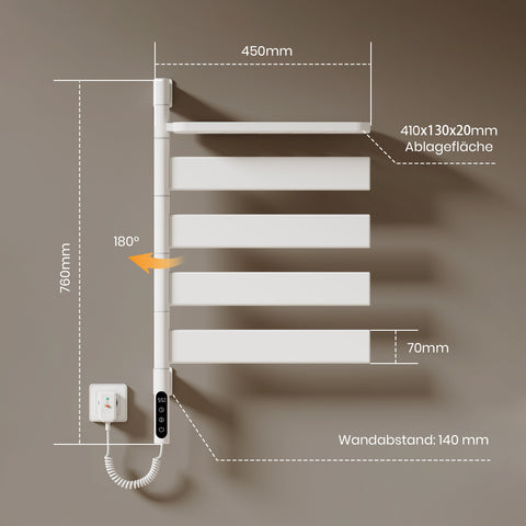 Elektro-Handtuchheizkörper PFR, schwenkbar, mit Ablage und Digitalanzeige, APP-Steuerung