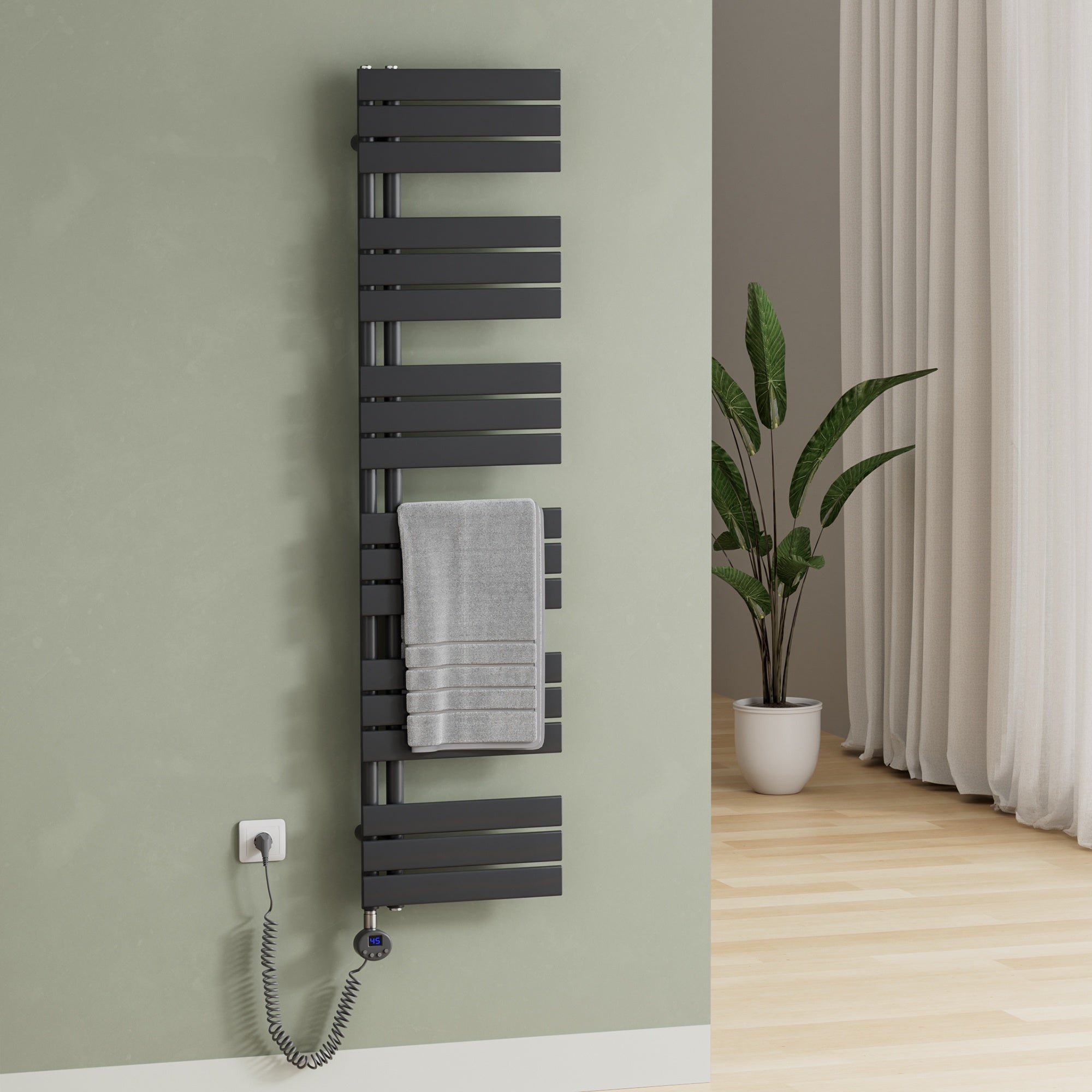 Elektrischer Handtuchheizkörper ESFTR – Flachrohr-Design, einseitig, rein elektrisch, mit Thermostat & Timerfunktion