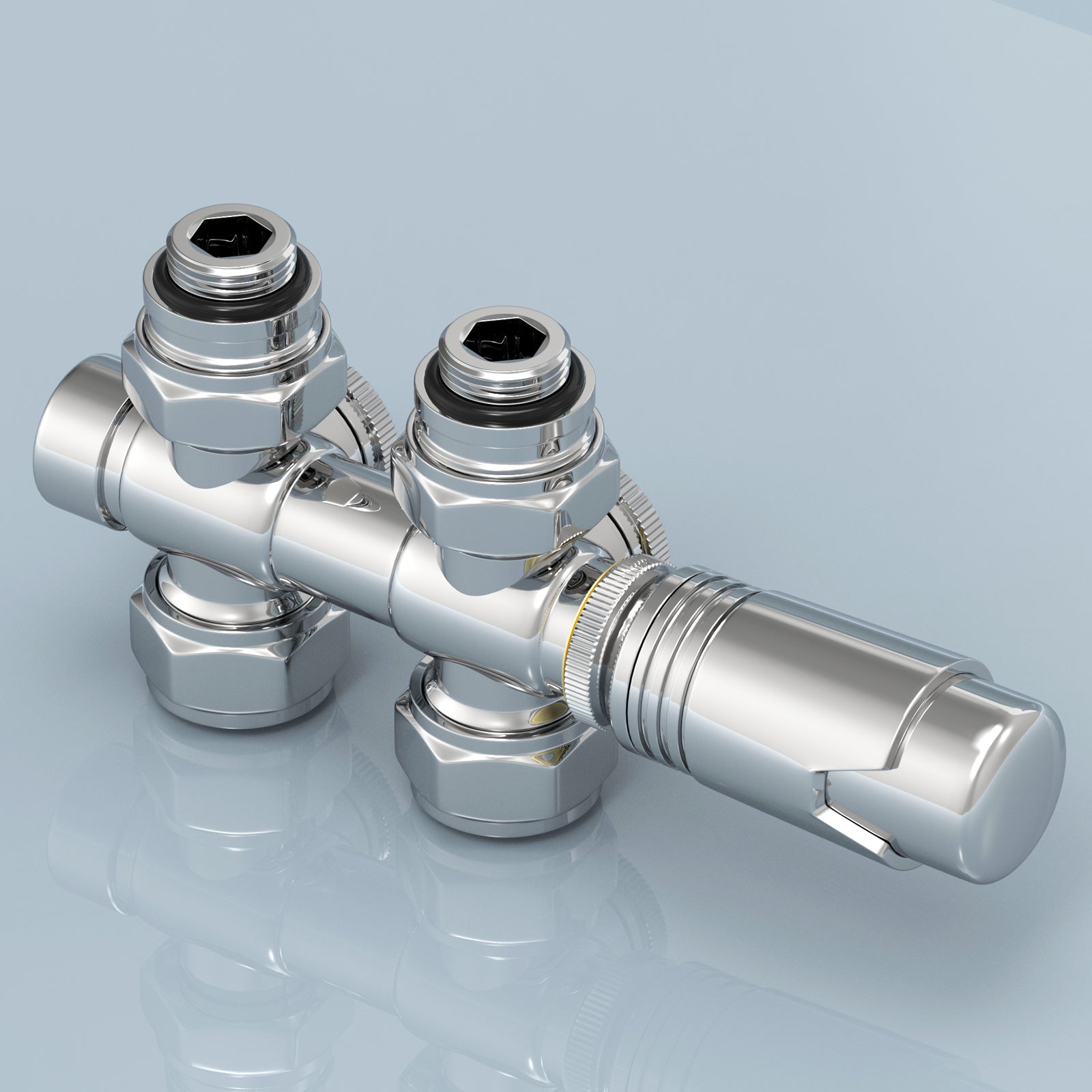 Multiblock-Heizkörperventil mit Thermostat, geeignet für G 1/2" & 15 mm Rohre