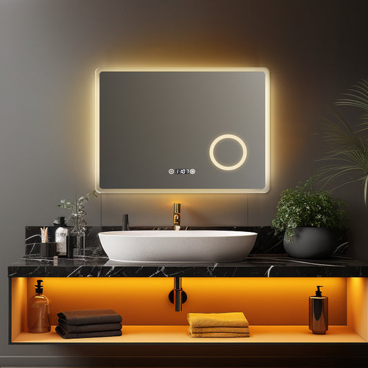 EMKE Badspiegel mit Beleuchtung "LeeMi πX Plus" 60*80cm 3 Lichtfarben, Touch, Dimmbar, Beschlagfrei, 3x Lupe, Uhr