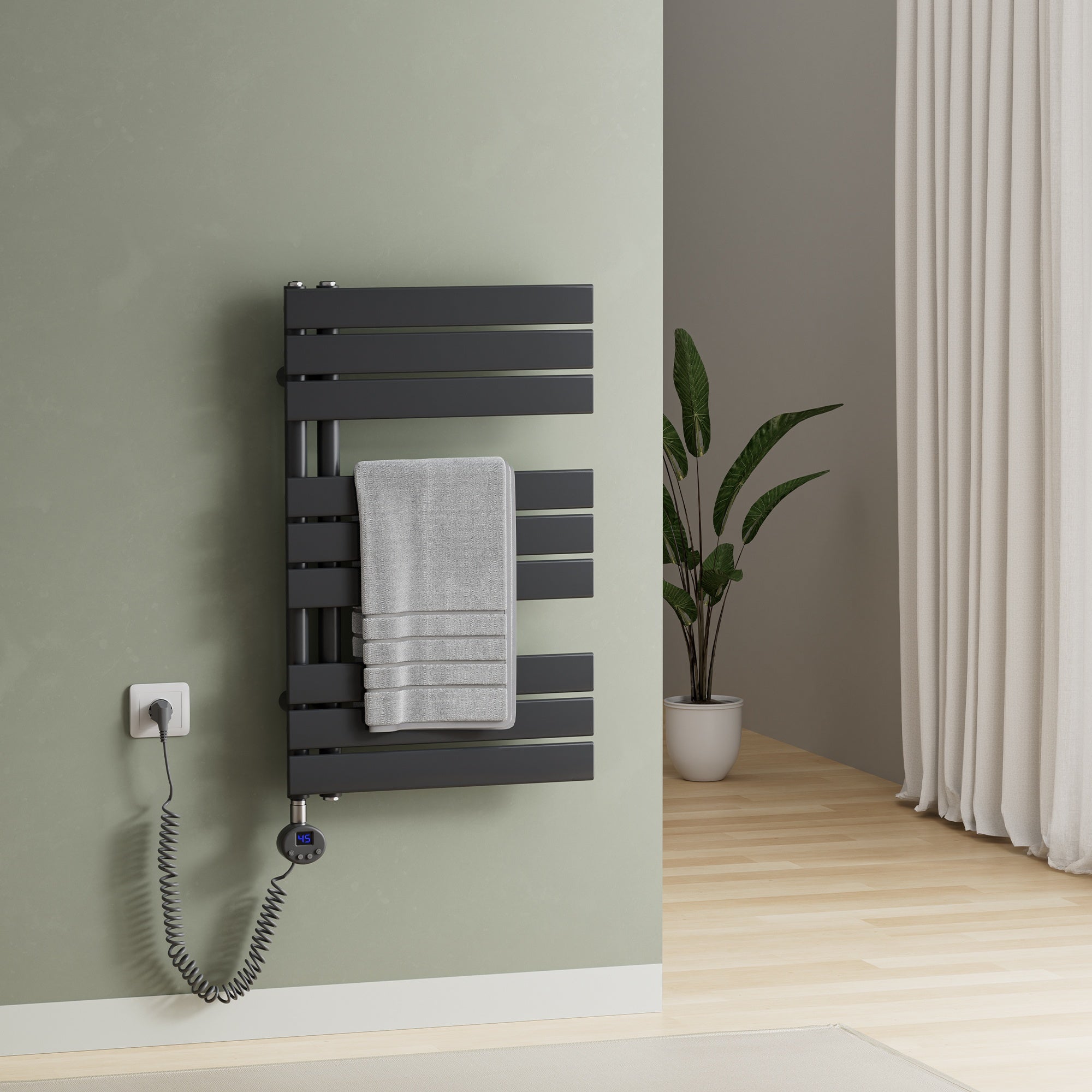 Elektrischer Handtuchheizkörper ESFTR – Flachrohr-Design, einseitig, rein elektrisch, mit Thermostat & Timerfunktion