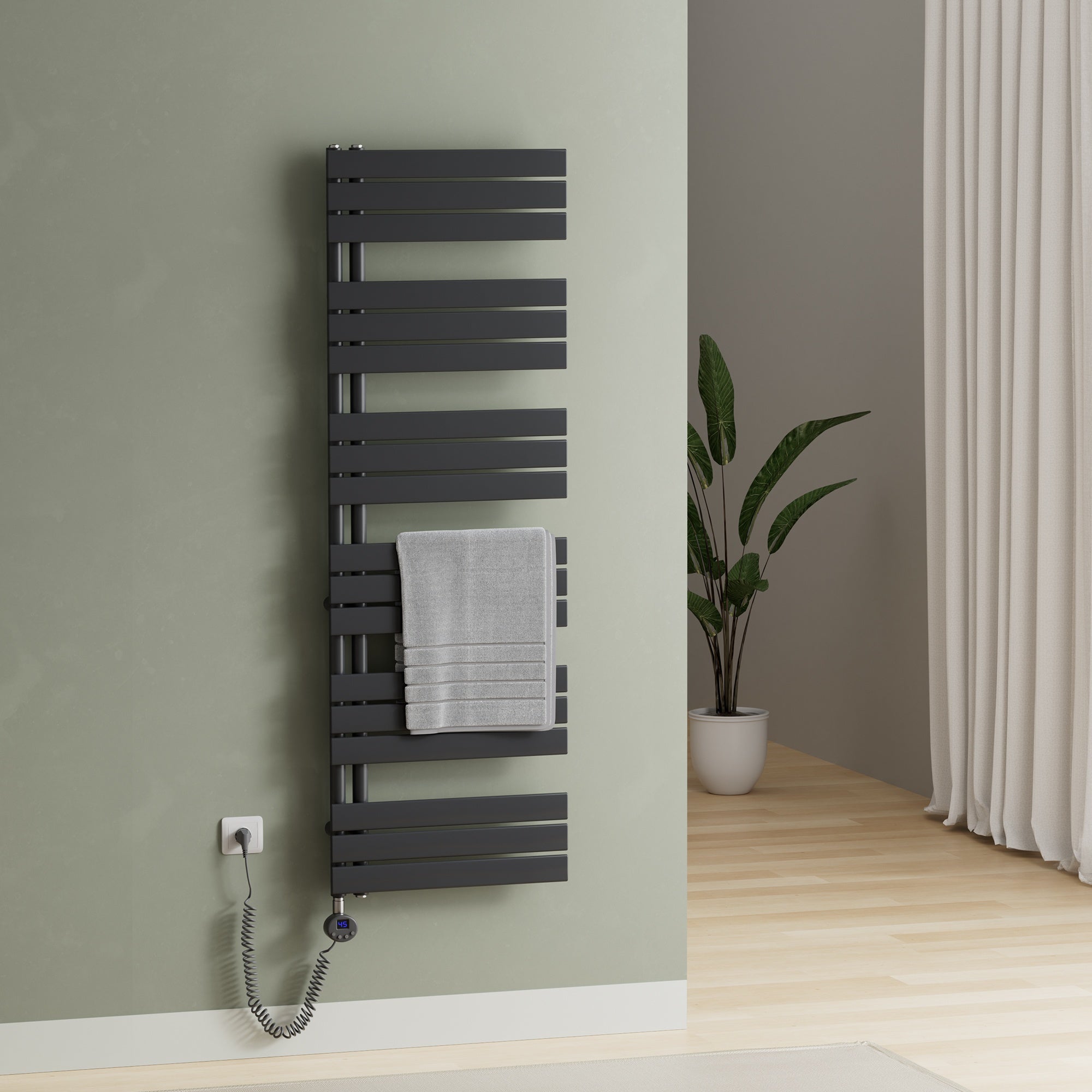 Elektrischer Handtuchheizkörper ESFTR – Flachrohr-Design, einseitig, rein elektrisch, mit Thermostat & Timerfunktion