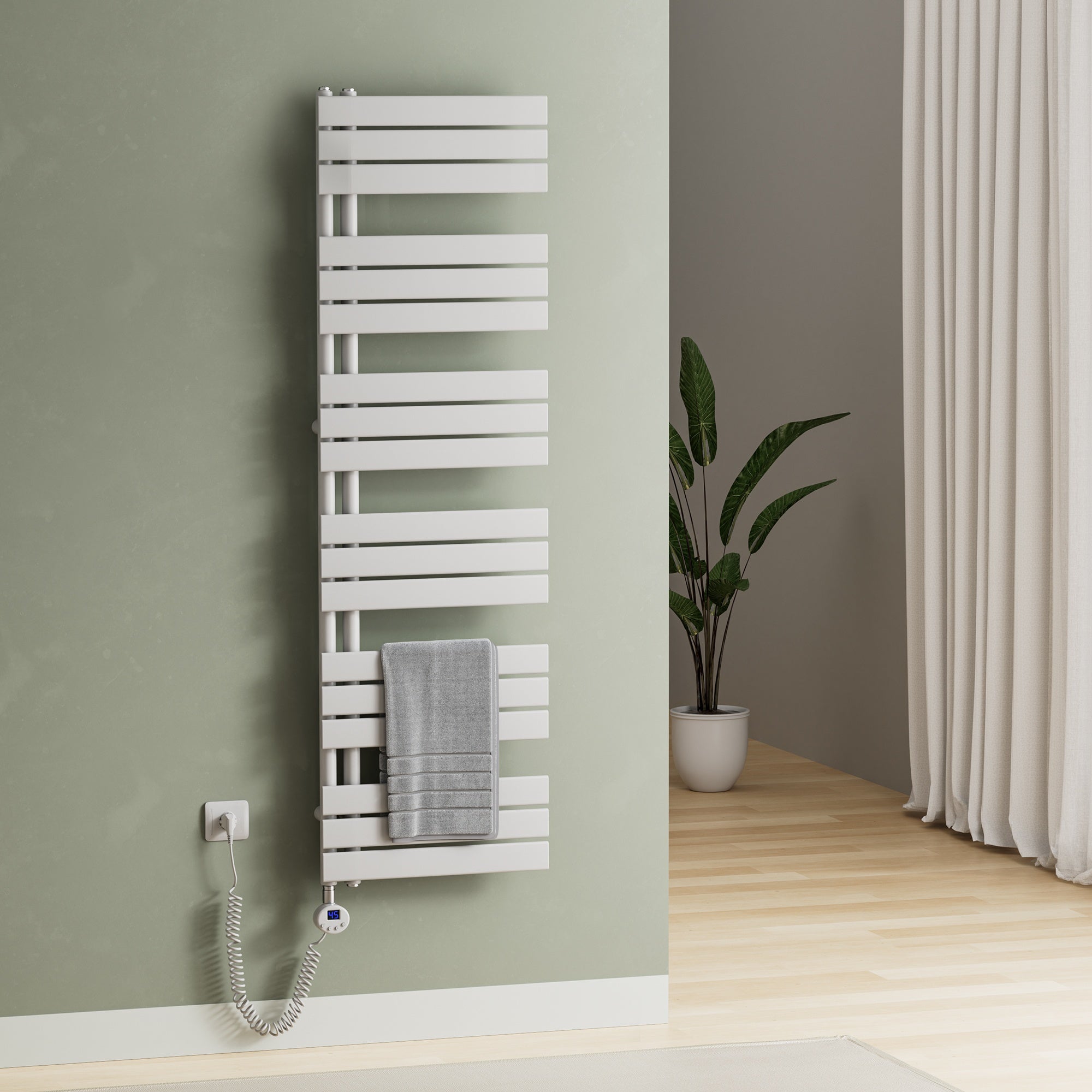 Elektrischer Handtuchheizkörper ESFTR – Flachrohr-Design, einseitig, rein elektrisch, mit Thermostat & Timerfunktion