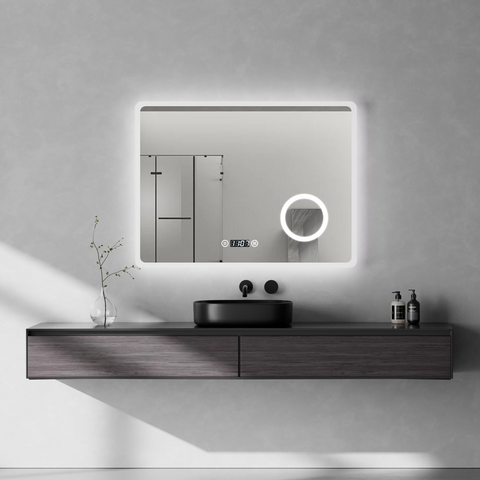 EMKE Badezimmerspiegel mit Beleuchtung, Touch, 3 Lichtfarben, Dimmbar, Beschlagfrei, Vergrößerungsspiegel, Uhr, 80x60cm