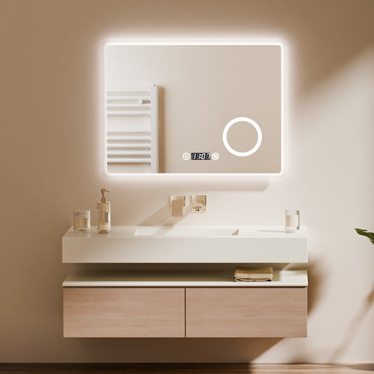 EMKE Badspiegel "LeeMi πX Plus" 60*80cm mit Beleuchtung 3000K/4000K/6500K Touch+Dimmbar+Beschlagfrei+3x Kosmetikspiegel+Digitaluhr