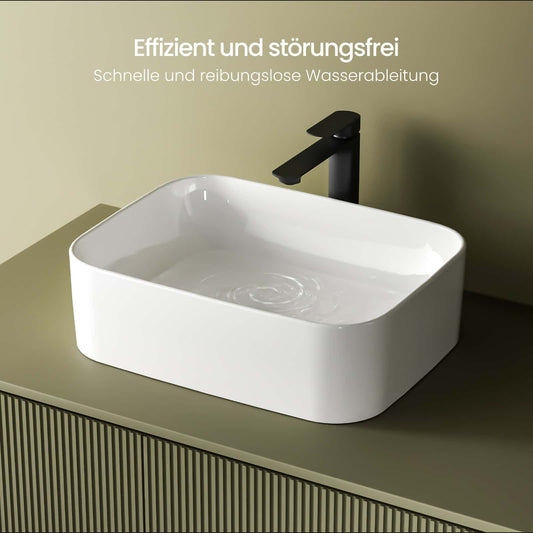Aufsatzwaschtisch mit pflegeleichter Oberfläche & spritzgeschütztem Design – ohne Hahnloch