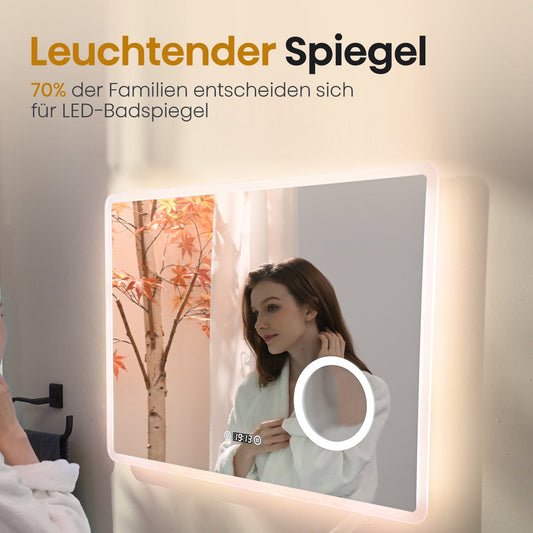 EMKE Badspiegel mit Beleuchtung "LeeMi πX Plus" 60*80cm 3 Lichtfarben, Touch, Dimmbar, Beschlagfrei, 3x Lupe, Uhr