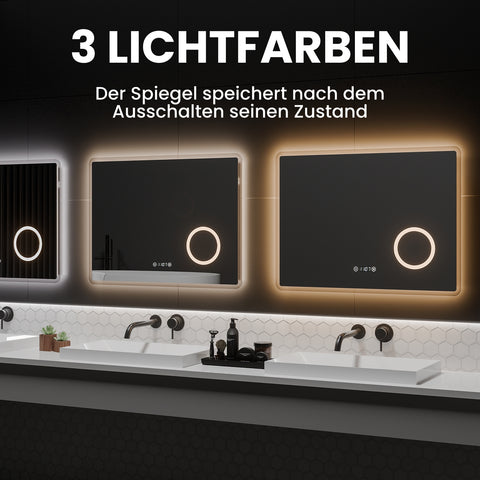 EMKE LED beleuchteter Badezimmerspiegel mit Uhr, Schminkspiegel, Touch, Antibeschlag, 3 Farben, Dimmung, 80 x 60 cm