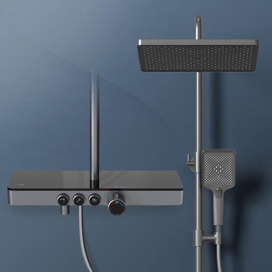 Duschsystem mit Thermostat, Kopf- & Handbrause sowie Glasablage