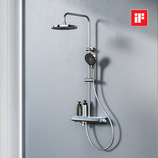 Duschsystem mit Thermostat, Regendusche & Glasablage – Chrom poliert
