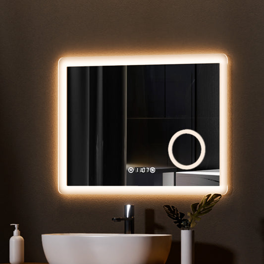 EMKE Badezimmerspiegel mit Beleuchtung "LeeMi πX Plus" 80x60cm, 3 Lichtfarben, Touch, Dimmbar, Beschlagfrei, Vergrößerungsspiegel, Uhr
