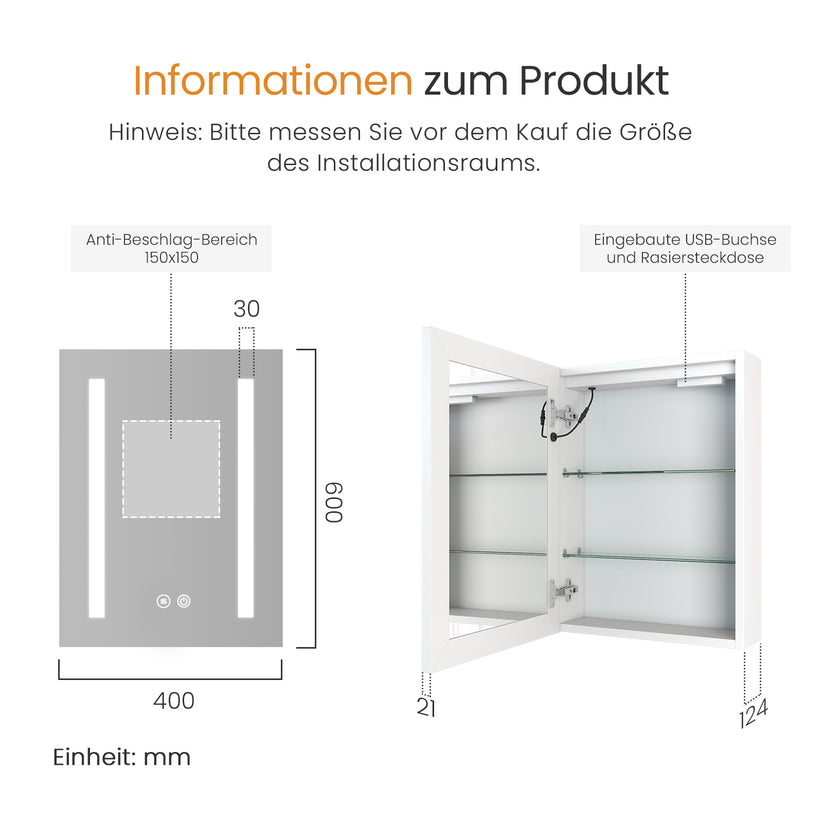 LED-Beleuchtung Spiegelschrank MC01 - 40 x 60 x 14.5 cm - Bild 11