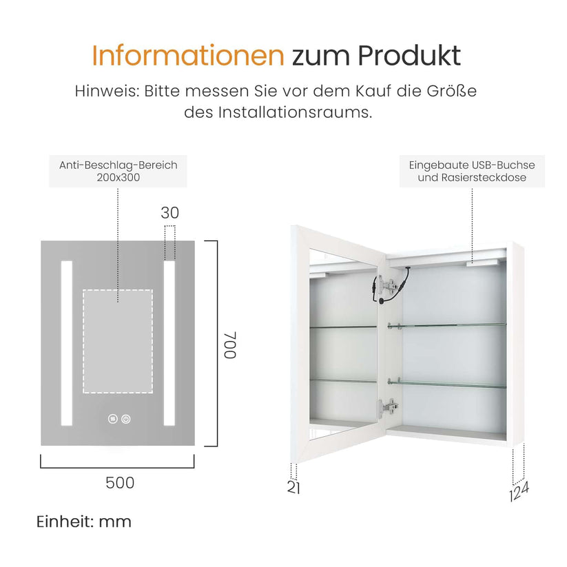 LED-Beleuchtung Spiegelschrank MC01 - 50 x 70 x 14.5 cm - Bild 9