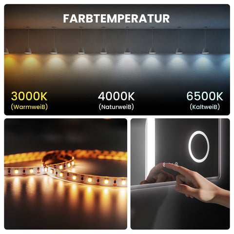 EMKE LED beleuchteter Badezimmerspiegel mit Uhr, Schminkspiegel, Touch, Antibeschlag, 3 Farben, Dimmung, 80 x 60 cm