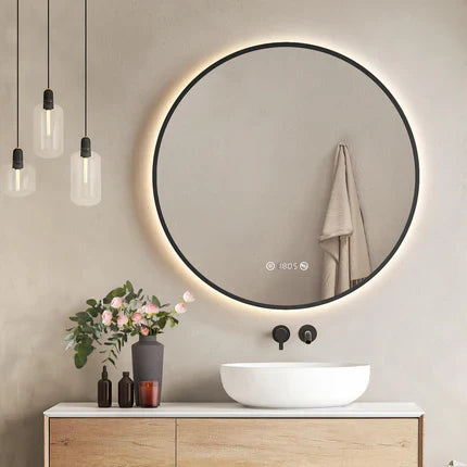 Runder LED-Badezimmerspiegel mit Uhr, Anti-Beschlag & dimmbarem Licht