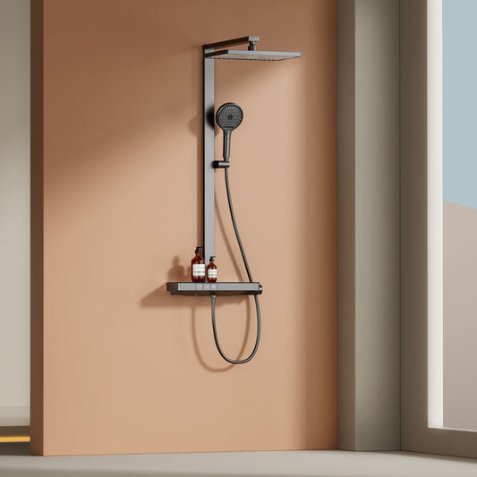 EMKE Duschsystem „F11“ – Thermostat-Duschpaneel mit Glasablage, 3 Strahlarten, Regendusche & Handbrause, 105×40,1×57,3 cm, anthrazit matt