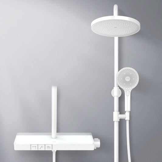 Duschsystem mit Thermostat, runder Kopfbrause & 3-Strahl-Handbrause – in Weiß