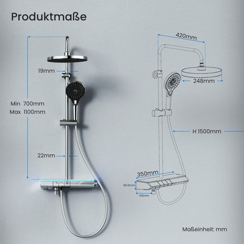 EMKE Duschsystem mit Thermostat, Armatur und Regendusche, Chrom poliert