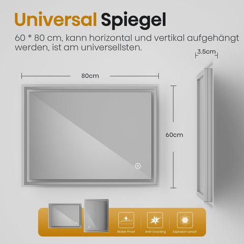 EMKE Badspiegel mit Beleuchtung mit Berührungssensor - Dimmung - Farbwechsel Beschlagfrei - 80 * 60 cm