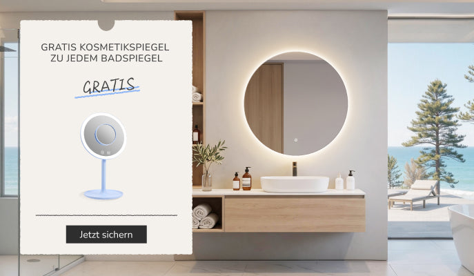 LED Badspiegel kaufen und gratis Kosmetikspiegel erhalten – Badezimmerspiegel-Serie Aktionsbanner-Mobile