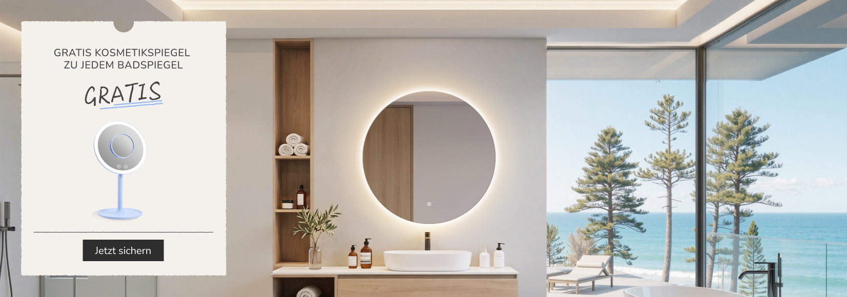 LED Badspiegel kaufen und gratis Kosmetikspiegel erhalten – Badezimmerspiegel-Serie Aktionsbanner