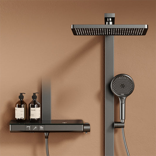 EMKE Duschsystem „F11“ – Thermostat-Duschpaneel mit Glasablage, 3 Strahlarten, Regendusche & Handbrause, 105×40,1×57,3 cm, anthrazit matt