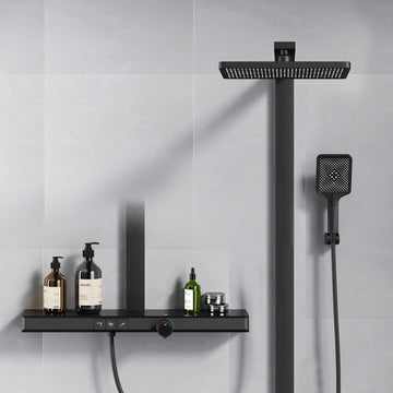 Duschsystem mit Thermostat, großer Glasablage & 3-strahliger Handbrause – Schwarz matt