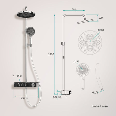 Duschsystem F28 mit Thermostat 3 Strahlarten 35,5 x 40 x 110 cm