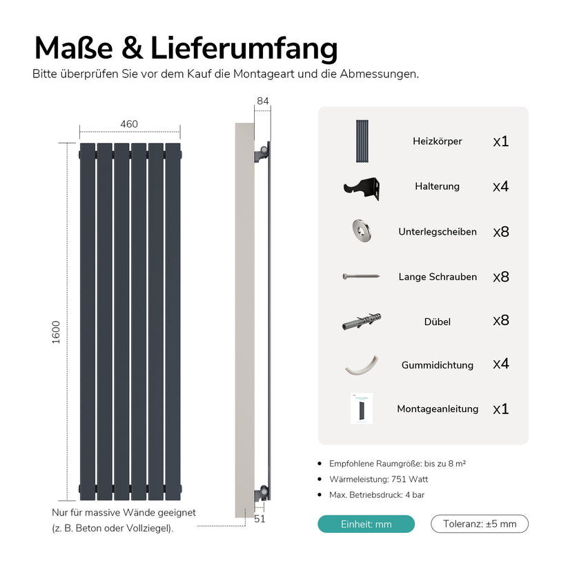 Heizkörper Flatrad FR Vertikal - Anthrazit / 160 x 46 cm / Einlagig - Bild 26