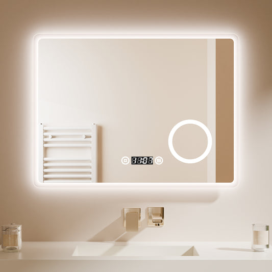 EMKE Badspiegel "LeeMi πX Plus" 60*80cm mit Beleuchtung 3000K/4000K/6500K Touch+Dimmbar+Beschlagfrei+3x Kosmetikspiegel+Digitaluhr