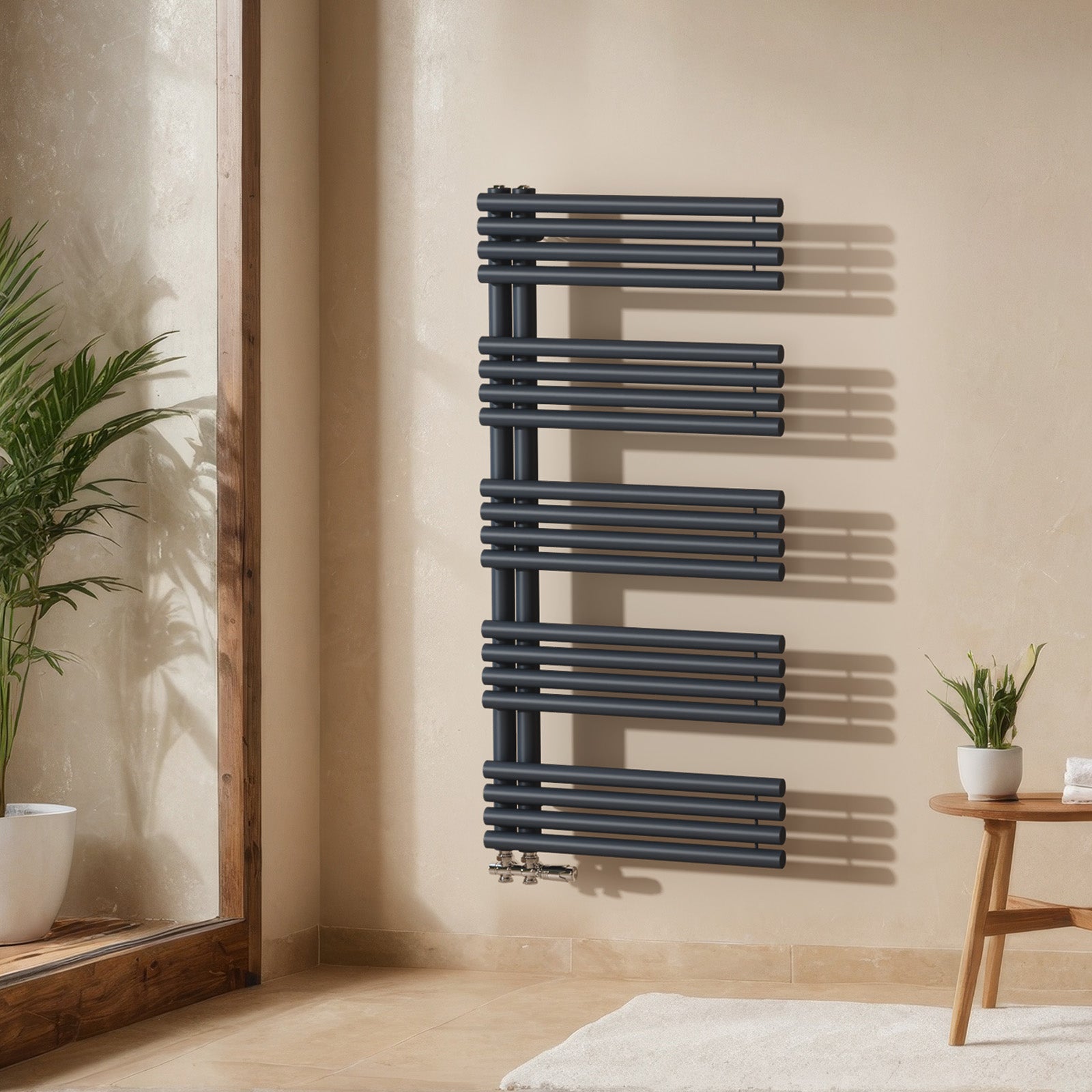 Warmwasser-Handtuchheizkörper aus Stahl, Rundrohr-Design, Seitenanschluss unten, verschiedene Größen