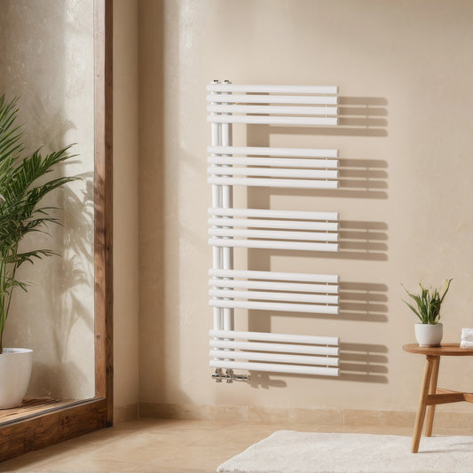 Warmwasser-Handtuchheizkörper aus Stahl, Rundrohr-Design, Seitenanschluss unten, verschiedene Größen