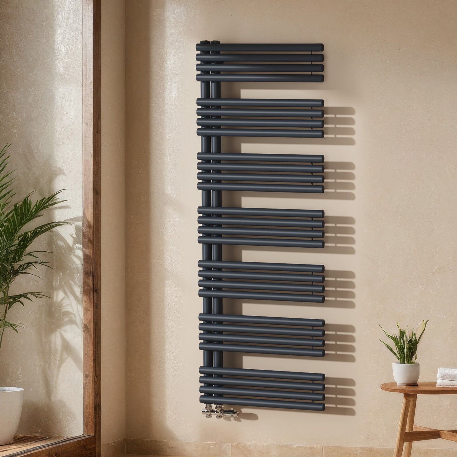 Warmwasser-Handtuchheizkörper aus Stahl, Rundrohr-Design, Seitenanschluss unten, verschiedene Größen