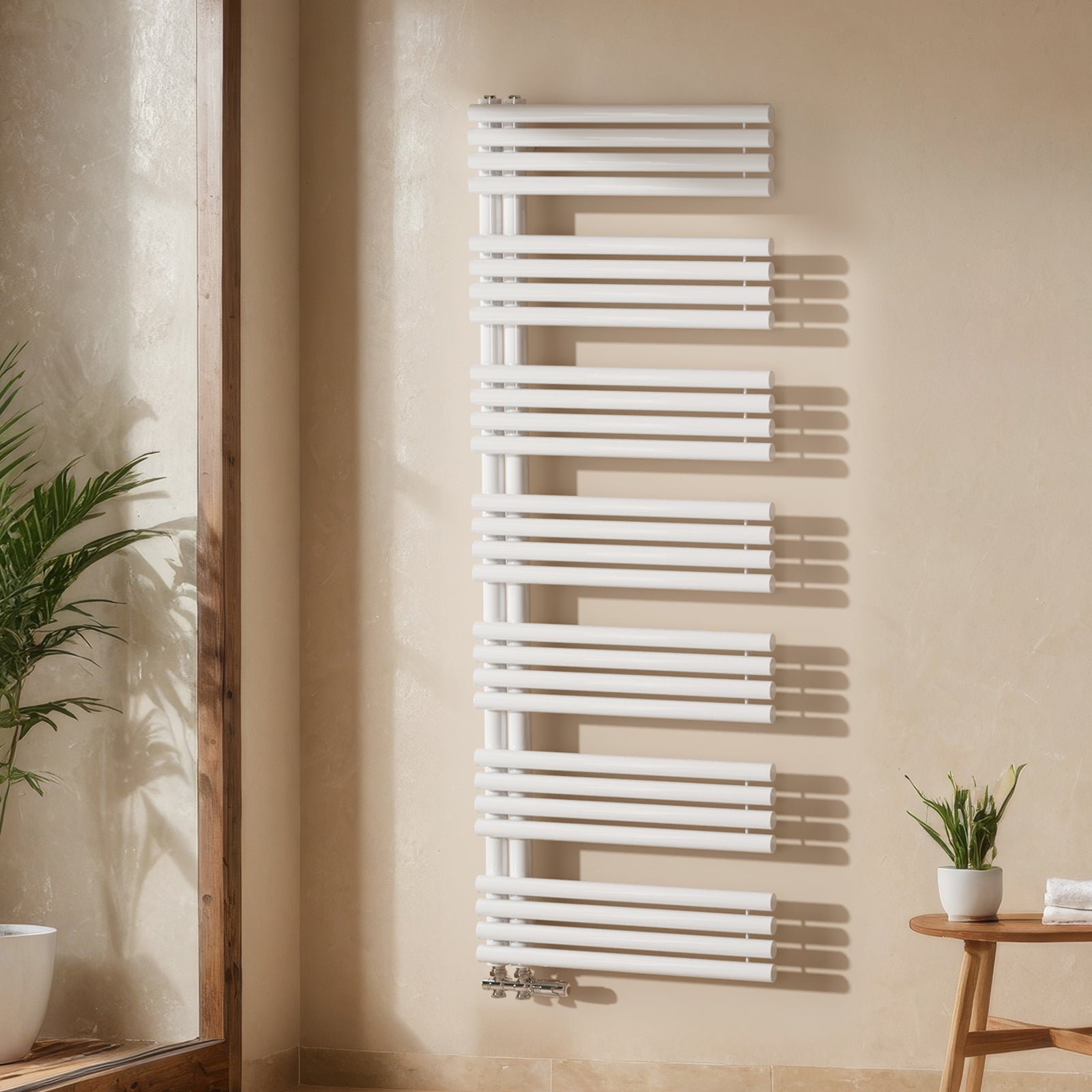 Warmwasser-Handtuchheizkörper aus Stahl, Rundrohr-Design, Seitenanschluss unten, verschiedene Größen