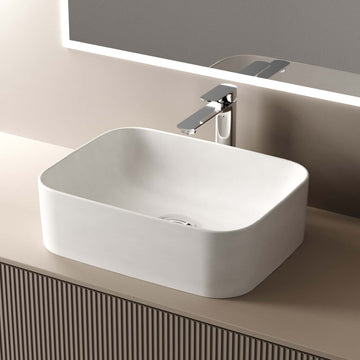 Aufsatzwaschtisch mit pflegeleichter Oberfläche & spritzgeschütztem Design – ohne Hahnloch